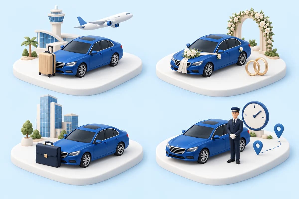 Quatre services illustrés en 3D : transfert aéroport, voiture de mariage, transport professionnel et mise à disposition avec chauffeur